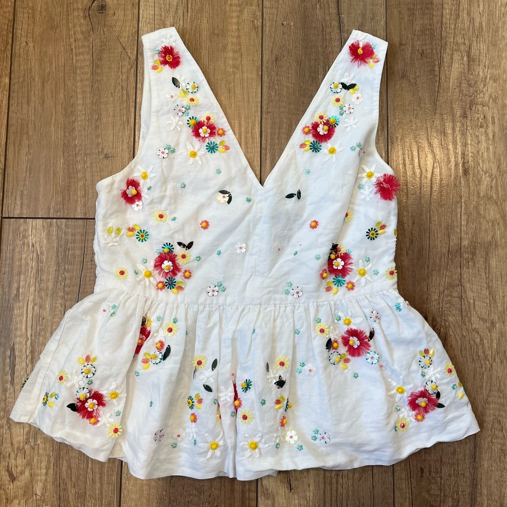 J. Crew Cotton/Linen Blend Hand-Embellished White Floral V-Neck Sleeveless Top